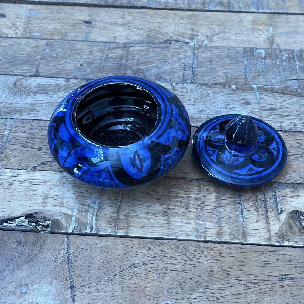 Vintage Lidded Jar 4" Ceramic Small Blue Geometric Design